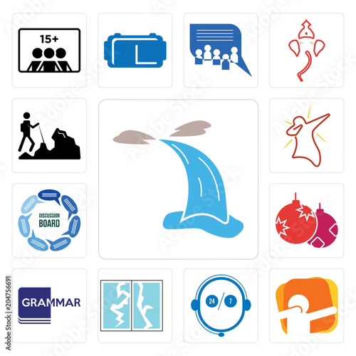 Set of waterfall, dab, live support, broken glass, grammar, christmas bulb, discussion board, hiker icons