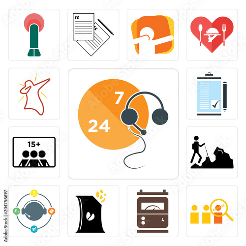 Set of live support, advisor, electric meter, bag chips, travel agent, hiker, number players, order form, dab icons