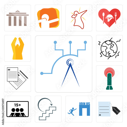 Set of telecom, request a quote, join us, next steps, number players, penetration, earthquake, folded hands icons