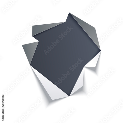 Hole in middle of white sheet with torn gray edges with dark background underneath. Isolated vector illustration of ripped paper effect. Ragged page with copy space.