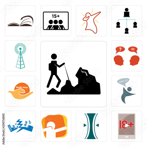 Set of hiker, xxx, elastic, dab, earthquake, join us, book now, inquiry, cell tower icons