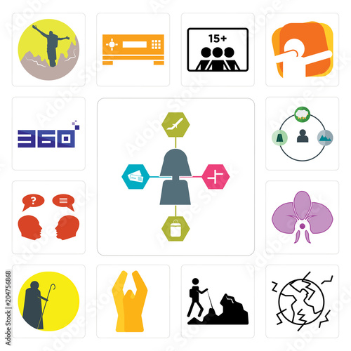 Set of travel agent, earthquake, hiker, folded hands, shepherd, orchid, inquiry, 360 degree icons