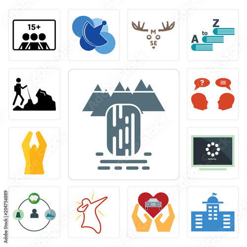 Set of waterfall, municipal, car dealer, dab, shepherd, buffering, folded hands, inquiry, hiker icons