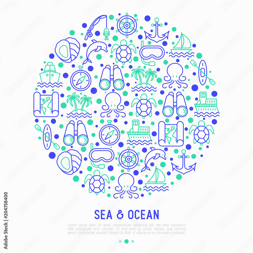 Sea and ocean journey concept in circle with thin line icons: sailboat, fishing, ship, oysters, anchor, octopus, compass, snorkel, dolphin, sea turtle. Modern vector illustration for print media.