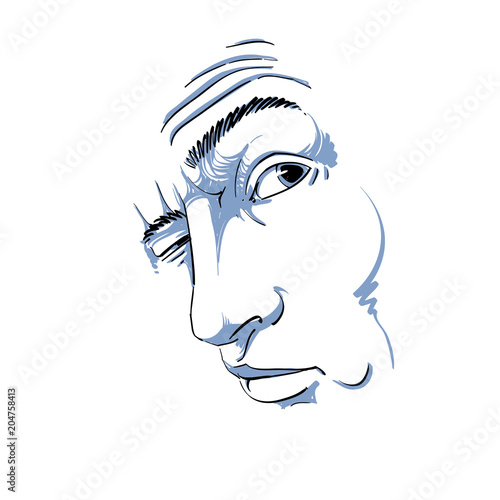 Vector drawing of drunk man or gambler with wrinkles on his forehead. Black and white portrait of tricky guy, mask with features.
