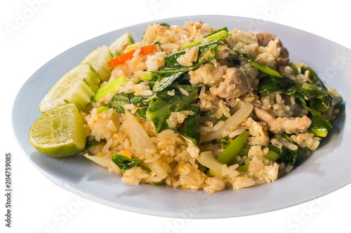 Thai food style , fried rice with pork on white background.Closed up