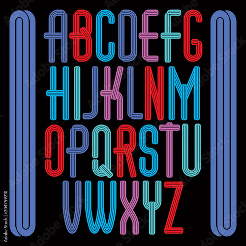 Set of bright vector tall upper case funky English alphabet letters isolated with parallel lines, for use as retro poster design elements for fun club or concert advertising.