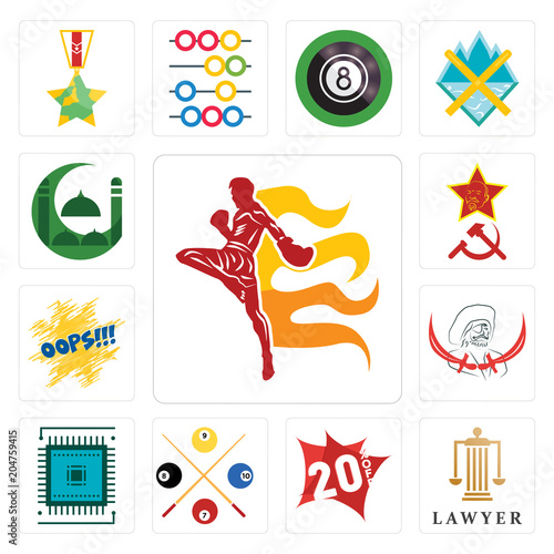 Set of muay thai, lawyer, 20% off, snooker, sem, pirate, oops, communism, masjid icons