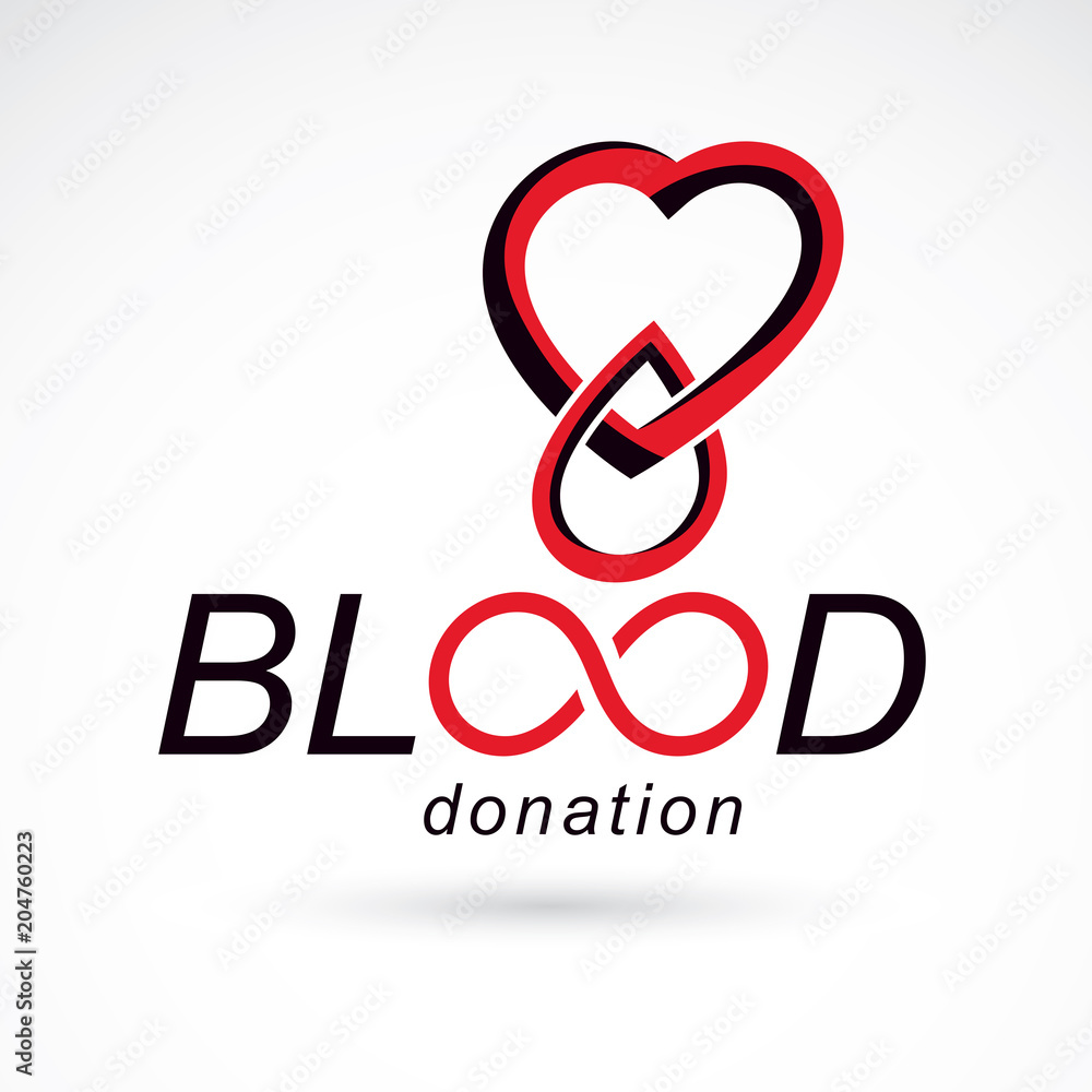 Fototapeta premium Blood donation inscription isolated on white and created with vector red blood drops, heart shape and infinity symbol. Medical theme graphic logo for use in charitable organizations.