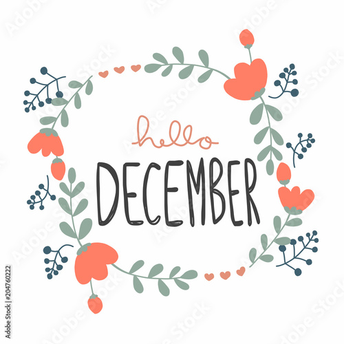 Hello December cute flower wreath vector illustration doodle style