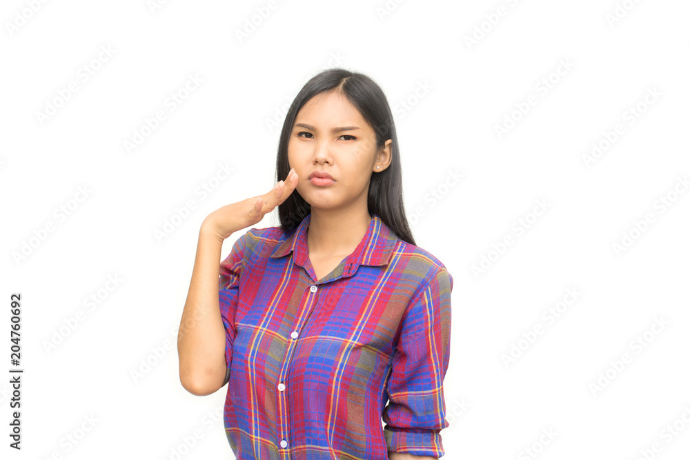 Female gesture smells bad isolated on white backgrond. Human face expression body language reaction Female gesture smells bad isolated on white backgrond. Human face expression body language reaction