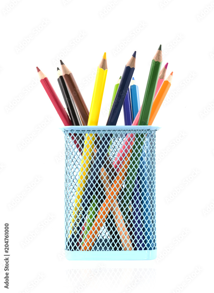 Colored pencils in a pencil case on white background Stock Photo