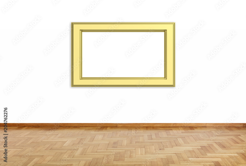 Frame golden isolated on white background and wooden floor copy space, 3d illustration Frame golden isolated on white background and wooden floor copy space, 3d illustration