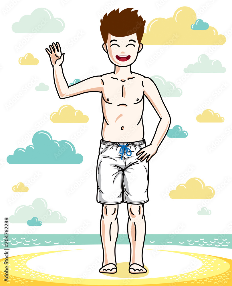 Beautiful nice young teenager boy posing wearing fashionable beach shorts. Vector human illustration. Fashion theme clipart.