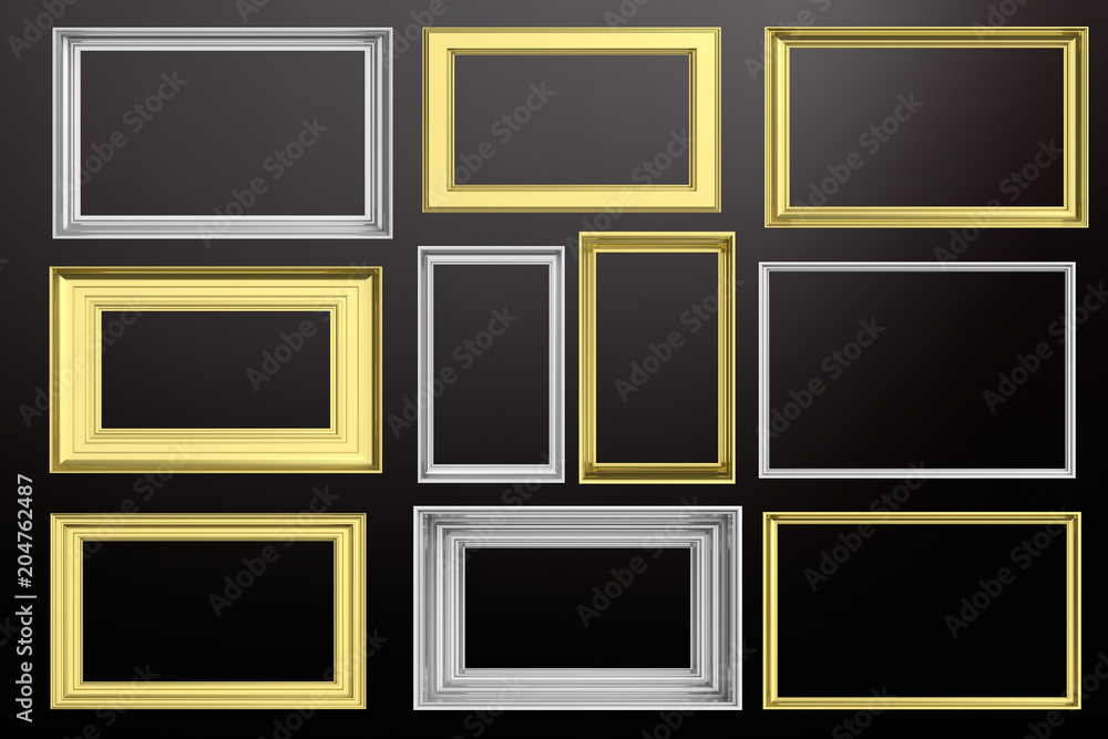 Frames golden and silver isolated on black background copy space, 3d illustration Frames golden and silver isolated on black background copy space, 3d illustration