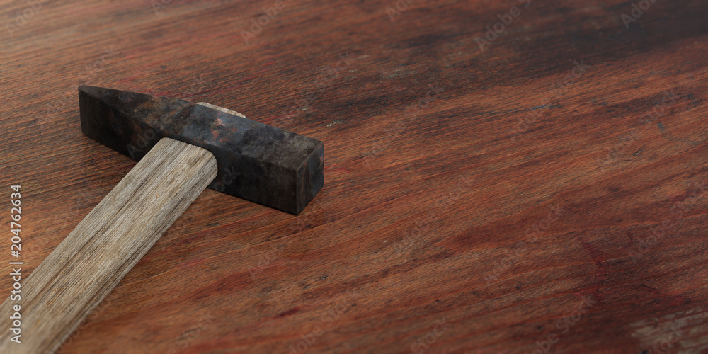 Hand tool hammer isolated on wooden background, copy space. 3d illustration