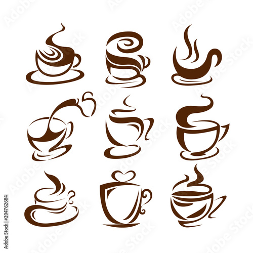 coffee cups logo brown Design Collection. Freeform. symbol. Abstract. vector illustration. on white background. Sway. coffee bean. Espresso. Latte. cappuccino. Caffe Mocha. Americano coffee