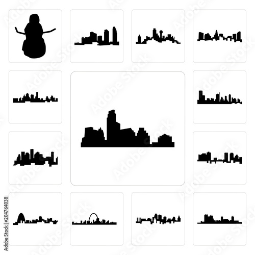 Set of austin skyline, fort worth kansas city st louis missouri, houston skyline icons