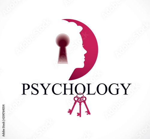 Psychology and mental health concept, created with woman head profile and keyhole, psychoanalysis as a key to human nature, individuality and psychic problems. Vector logo or icon design.