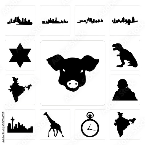 Set of pig face, india map, pocket watch, giraffe, seattle skyline on white background, , gandhi, t rex, star david icons