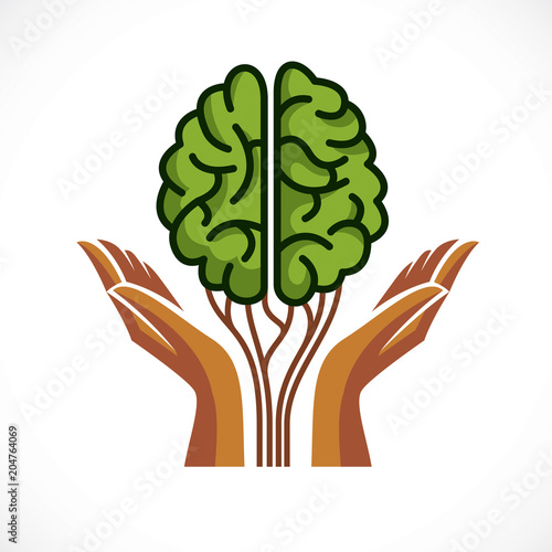 Mental health and psychology concept, vector icon or logo design. Human anatomical brain in a shape of green tree with tender guarding hands, growth and heyday of personality and individuality.