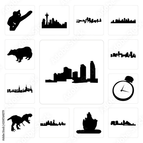 Set of long island, wisconsin, lord shiva outline images on white background, , kansas city skyline, t rex, pocket watch, nyc denver badger icons
