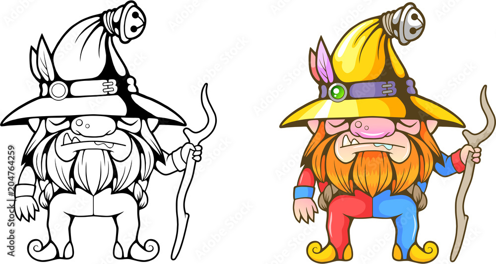 cute cartoon little dwarf, funny coloring illustration