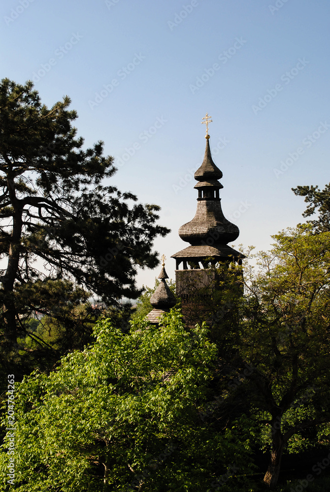 Old wooden church and trees