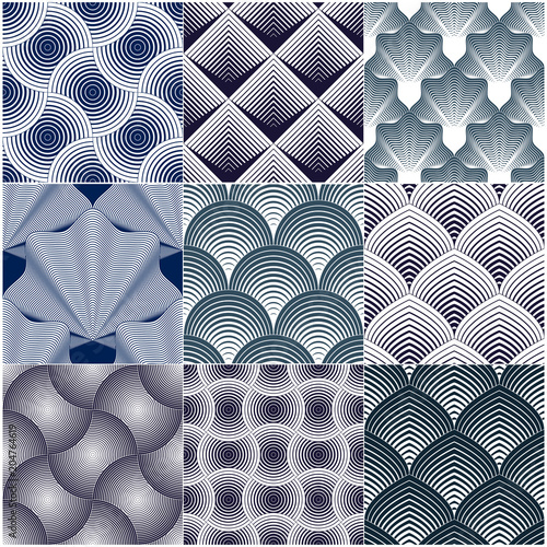 Geometric seamless patterns set, abstract tiling backgrounds collection, vector repeat endless wallpaper illustrations. Overlapping circles, Roof tiling or fish squama shapes