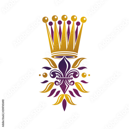 Retro golden vintage Insignia created with lily flower and imperial crown. Vector product quality idea design element, Fleur-De-Lis.