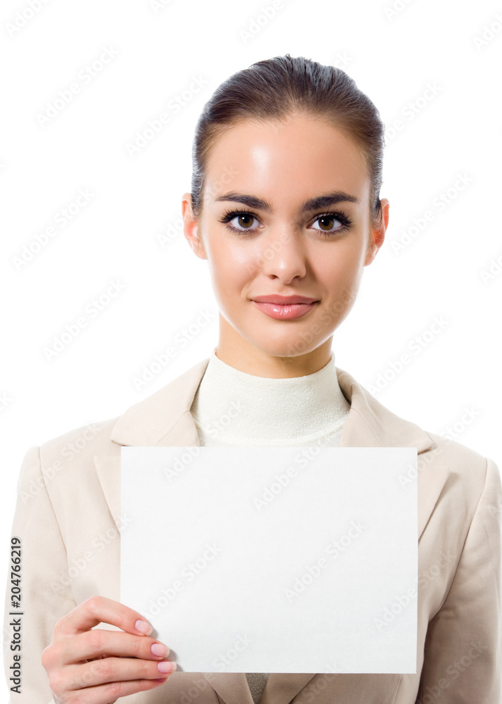 Businesswoman showing blank signboard, on white Businesswoman showing blank signboard, on white