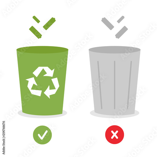 Concept of throwing away batteries in special battery recycling container, not in common garbage bin.
