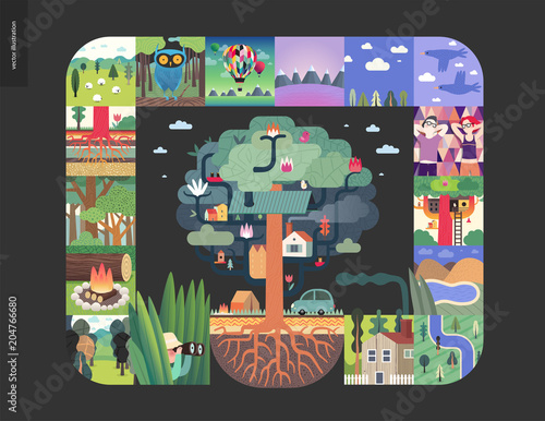 Simple things - forest set on a black background - flat cartoon vector illustration of hunter, field, trees, firewood, forest, roots, sheep, owl, air balloons, mountains, birds, house - composition