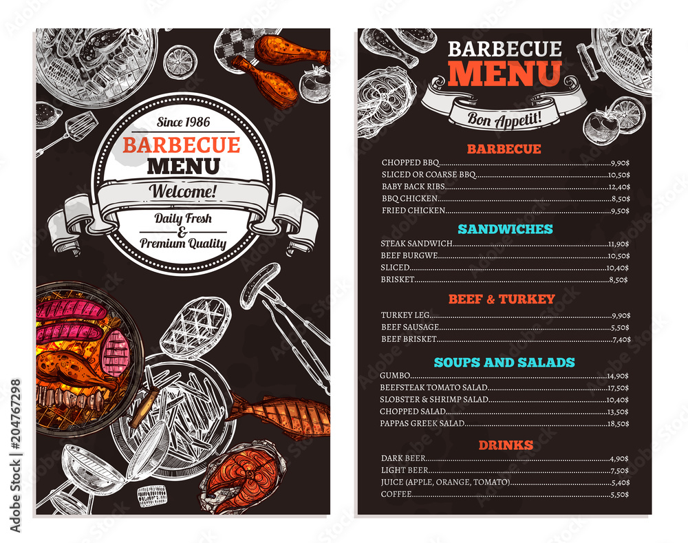 Bbq Restaurant Food Menu Design. Barbecue Café Brochure Stock Vector ...