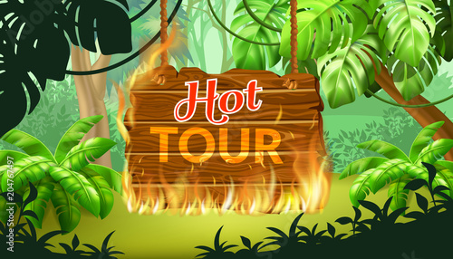 Wooden panel with flame burn. Tropical background for advertising hot tours in jungle. Price and sale, deal and offer, business promotion. Realistic vector illustration.