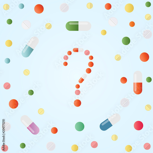 Question mark made of colored pills and capsules on blue background. Medicine background with drugs, pills, tablets, capsules and vitamins. What medicines to choose better, what will help. Vector