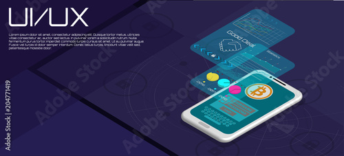 Market Trend Analysis on Smartphone With Graphs in Isometric Flat Design Style. Web Banner on Mobile Stock Trading Concept, Online Trading Forex, Bitcoin. Vector Isometric Flat Style. Bitcoin Deal