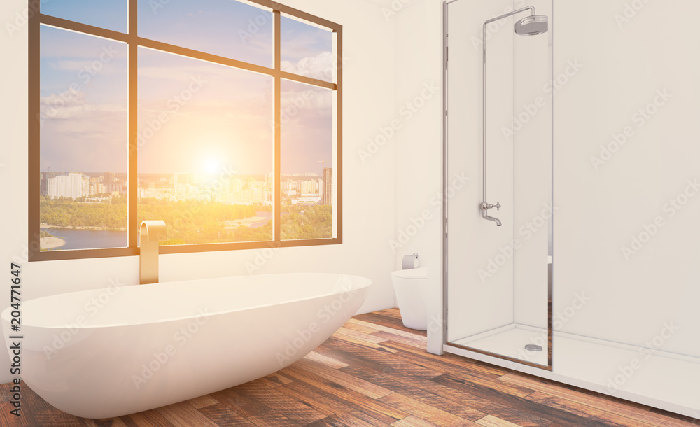 Bathroom interior bathtub. 3D rendering.. Sunset Bathroom interior bathtub. 3D rendering.. Sunset