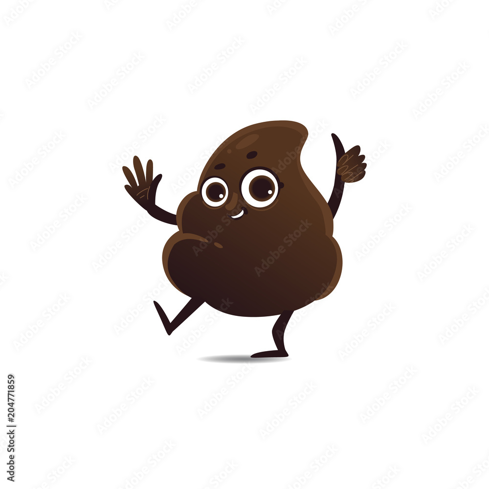 Cheerfu brown poop character with legs and arms waving hands with happy