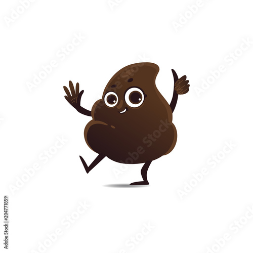 Cheerfu brown poop character with legs and arms waving hands with happy facial expression. Funny smilling crap or shit excrement. Vector cartoon isolated illustration.