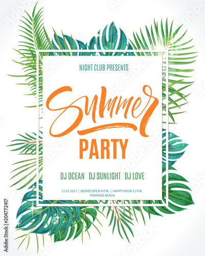 Summer party poster. Hand written lettering with exotic palm leaves and plants background. Brush painted letters, modern calligraphy, vector illustration