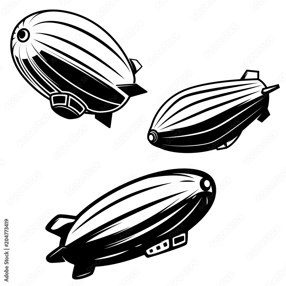 Set of aerostat illustrations on white background. airships zeppelins. Design elements for logo, label, emblem, sign. Set of aerostat illustrations on white background. airships zeppelins. Design elements for logo, label, emblem, sign.