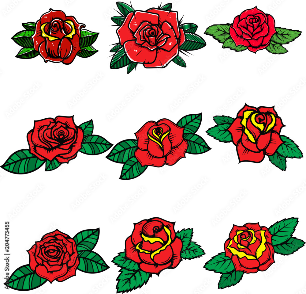 Set of tattoo style roses. Design element for poster, card, banner, t shirt. - obrazy, fototapety, plakaty 