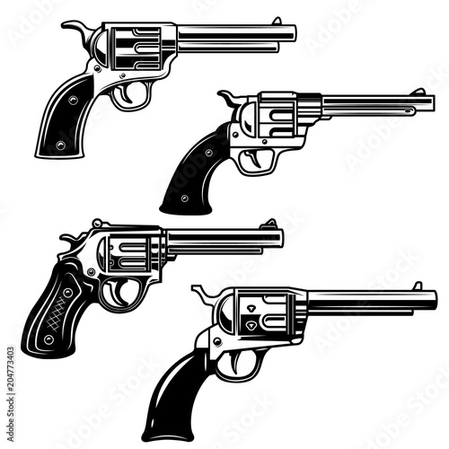 Set of revolvers on white background. Design elements for logo, label, emblem, sign.