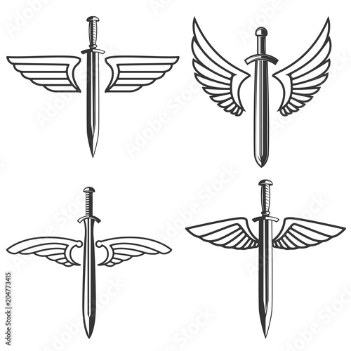 Set of emblems with medieval sword and wings. Design element for logo, label, sign.