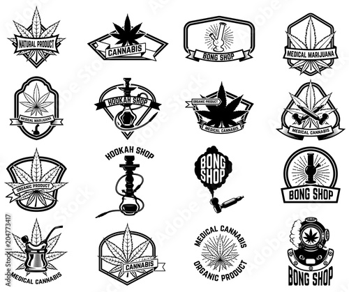 Set of vintage emblems with medical marijuana. Cannabis leaves. Design element for logo, label, emblem, sign, poster, t shirt.