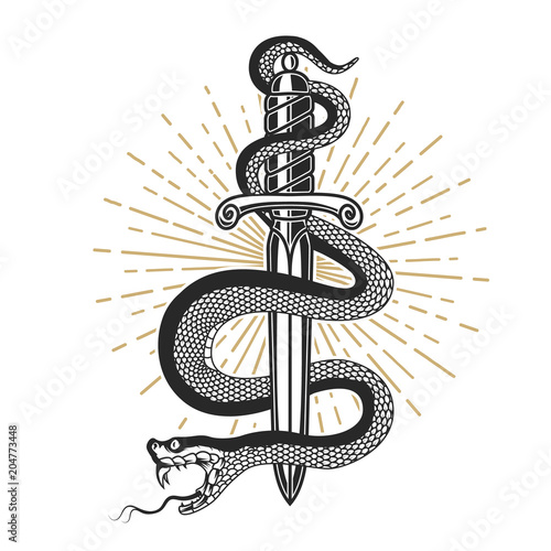 Snake on knife in tattoo style. Design element for t shirt, poster, card, emblem, sign.