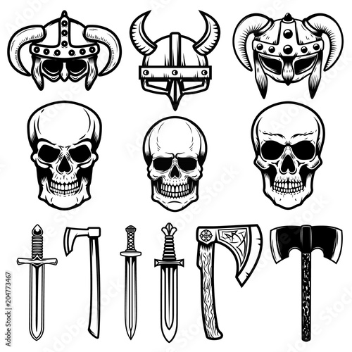 Set of viking helmets, weapon, skulls. Design elements for logo, label, emblem, sign.