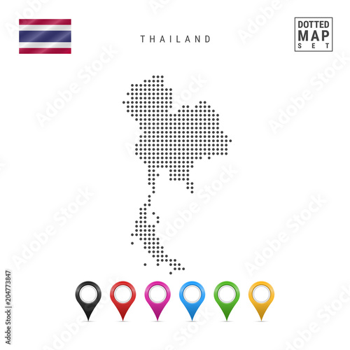 Vector Dotted Map of Thailand. Simple Silhouette of Thailand. National Flag of Thailand. Set of Multicolored Map Markers