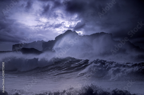 Sea storm at night